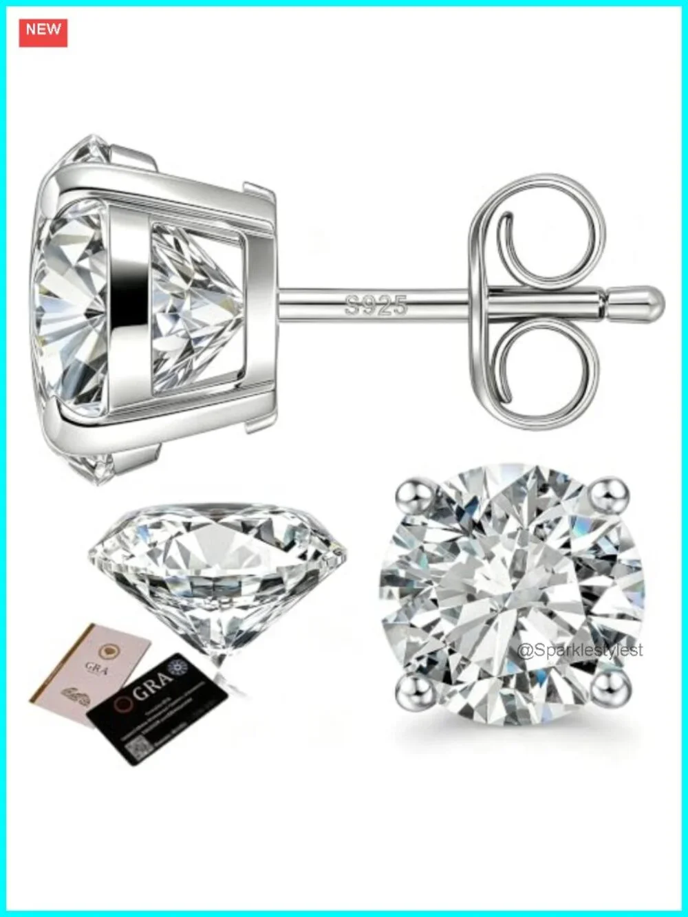 Moissanite Stud Earrings 925 Sterling Silver 18K White Gold Plated Push Back